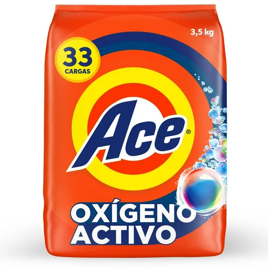 Detergente en Polvo Ace Limpieza Rápida, con Oxígeno Activo y Fácil Disolución, 33 Cargas (3.5 kg)